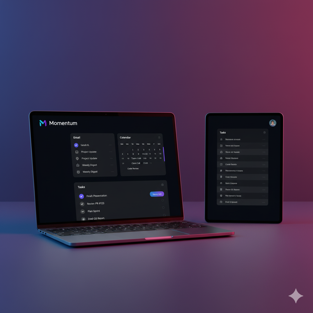 Mockup do aplicativo Momentum AI em um laptop e tablet